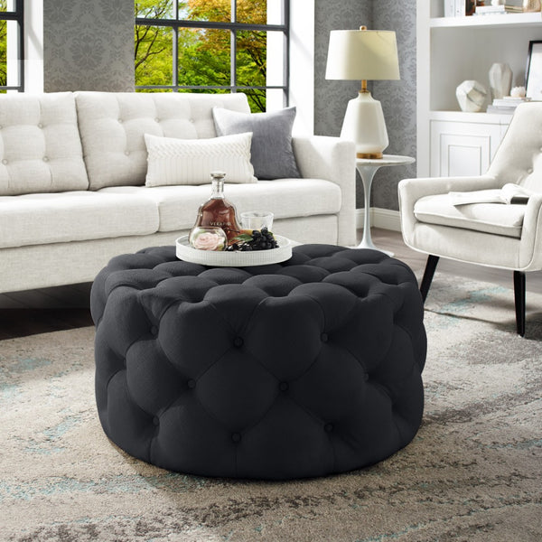 Homeroots 33" Elegant Linen Tufted Round Cocktail Ottoman - Chic Accent For Stylish Seating & Entertaining Black  568053