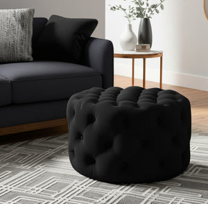 Homeroots 33" Elegant Linen Tufted Round Cocktail Ottoman - Chic Accent For Stylish Seating & Entertaining Black  568053