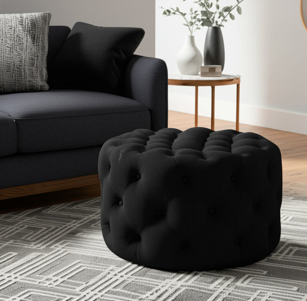 Homeroots 33" Elegant Linen Tufted Round Cocktail Ottoman - Chic Accent For Stylish Seating & Entertaining Black  568053
