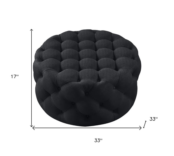 Homeroots 33" Elegant Linen Tufted Round Cocktail Ottoman - Chic Accent For Stylish Seating & Entertaining Black  568053