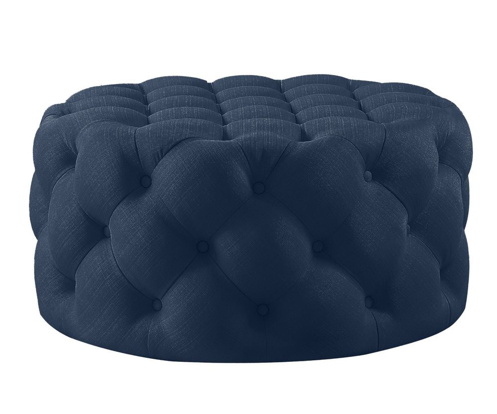 HomeRoots 33" Linen Tufted Round Cocktail Ottoman - Stylish Multi-Functional Seating & Table for Any Space Navy 568054