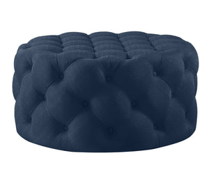 HomeRoots 33" Linen Tufted Round Cocktail Ottoman - Stylish Multi-Functional Seating & Table for Any Space Navy 568054