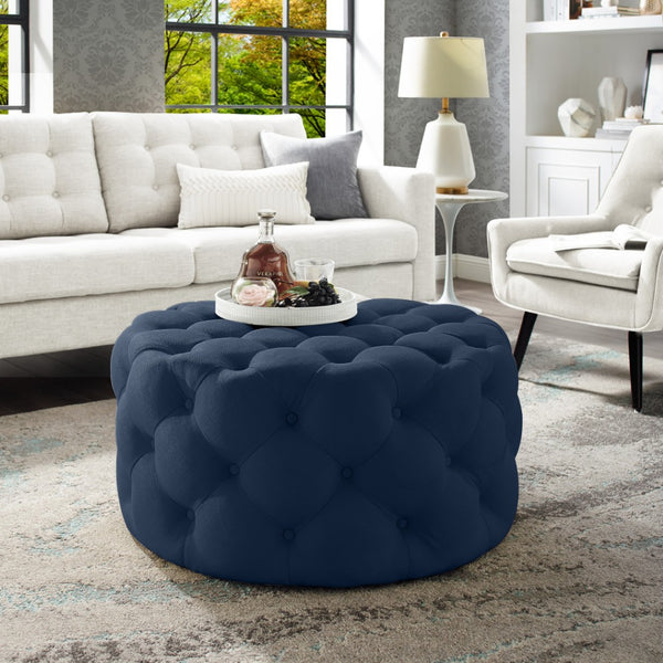 Homeroots 33" Elegant Linen Tufted Round Cocktail Ottoman - Chic Accent For Stylish Seating & Entertaining Navy  568054