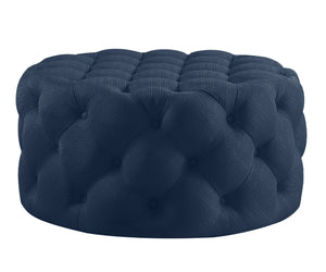 Homeroots 33" Elegant Linen Tufted Round Cocktail Ottoman - Chic Accent For Stylish Seating & Entertaining Navy  568054