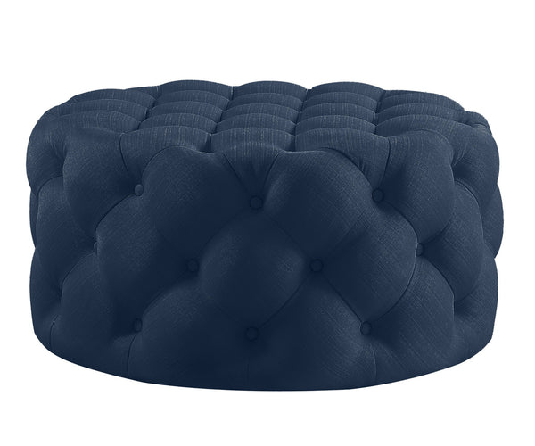 Homeroots 33" Elegant Linen Tufted Round Cocktail Ottoman - Chic Accent For Stylish Seating & Entertaining Navy  568054
