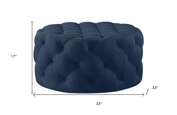 Homeroots 33" Elegant Linen Tufted Round Cocktail Ottoman - Chic Accent For Stylish Seating & Entertaining Navy  568054