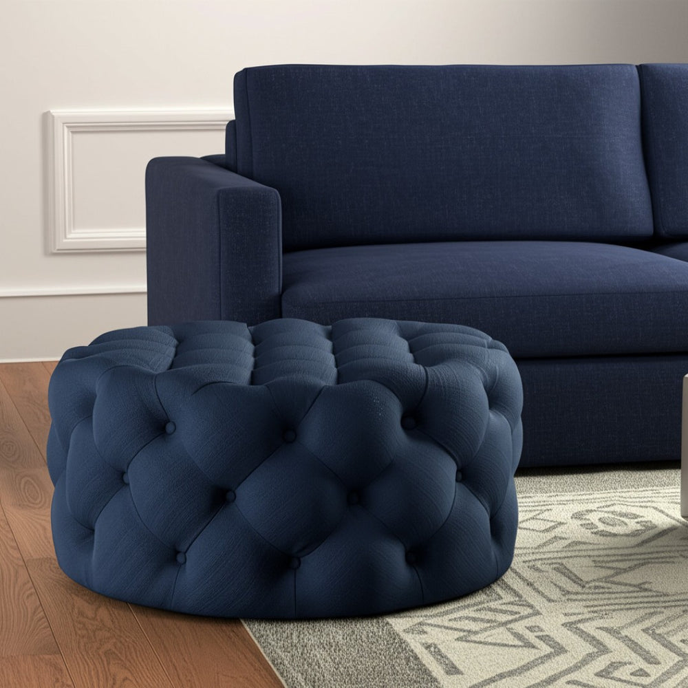 HomeRoots 33" Linen Tufted Round Cocktail Ottoman - Stylish Multi-Functional Seating & Table for Any Space Navy 568054