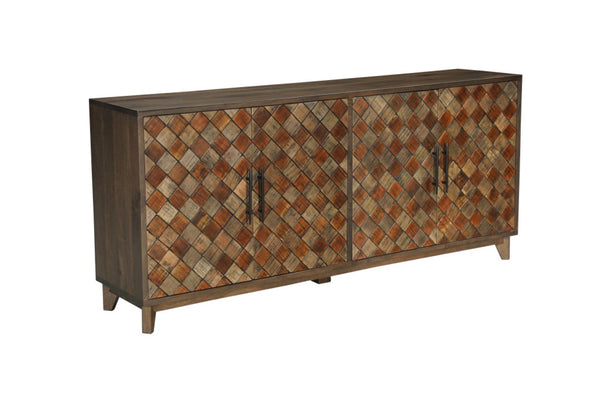 HomeRoots 84" Brown Distressed Solid Wood Sideboard with Carved Scrollwork & Ample Storage for Any Space 568055