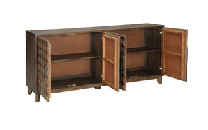 HomeRoots 84" Brown Distressed Solid Wood Sideboard with Carved Scrollwork & Ample Storage for Any Space 568055