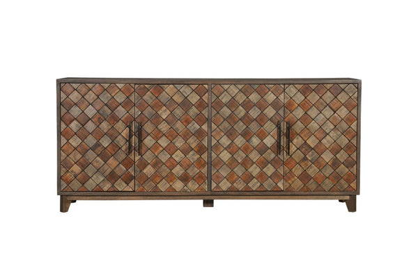 HomeRoots 84" Brown Distressed Solid Wood Sideboard with Carved Scrollwork & Ample Storage for Any Space 568055