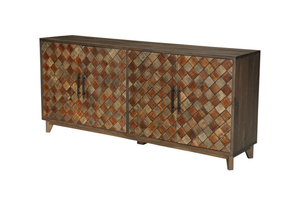 HomeRoots 84" Brown Distressed Solid Wood Sideboard with Carved Scrollwork & Ample Storage for Any Space 568055