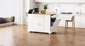 English Elm K&k Rolling Kitchen Island Rubber Wood Top Fluted Cabinet Built-in Charging Station White N707S221571W