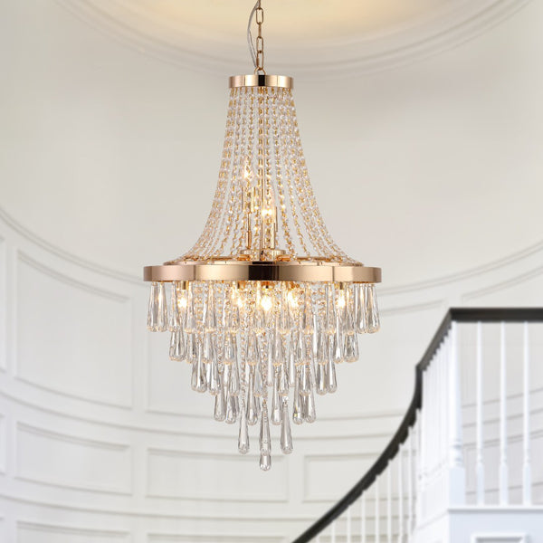 HomeRoots Gold Elegant Eleven-Light Metal Chandelier with Gold Shades for Luxurious Home Lighting & Decor 568091
