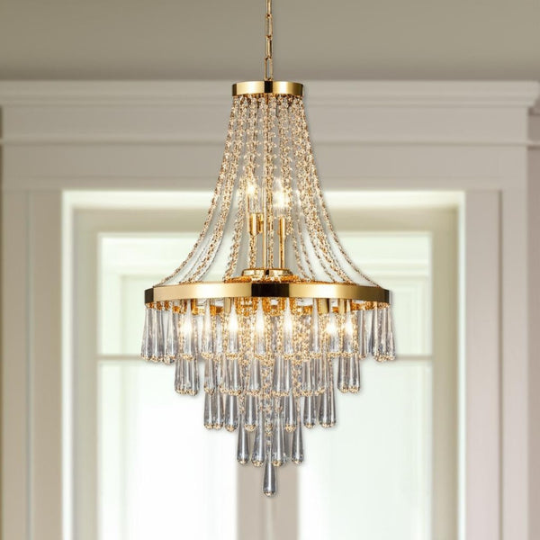 HomeRoots Gold Elegant Eleven-Light Metal Chandelier with Gold Shades for Luxurious Home Lighting & Decor 568091