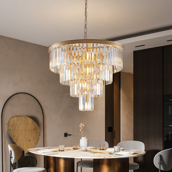 HomeRoots Gold Twelve-Light Metal Chandelier - Elegant Three-Tier Design with Luxurious Gold Shades for Homes 568094