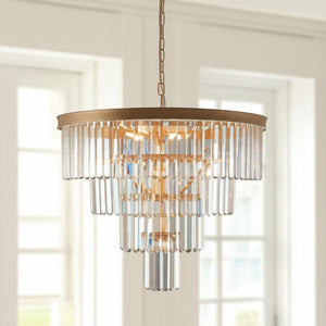 HomeRoots Gold Twelve-Light Metal Chandelier - Elegant Three-Tier Design with Luxurious Gold Shades for Homes 568094