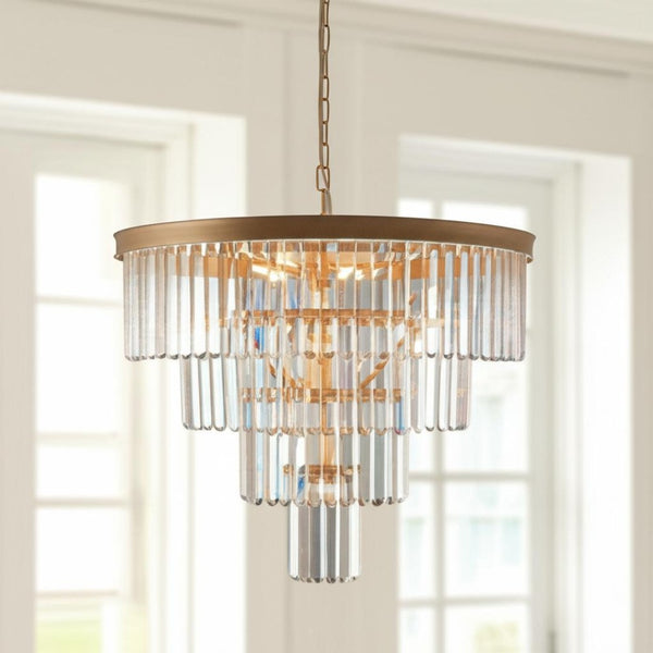 HomeRoots Gold Twelve-Light Metal Chandelier - Elegant Three-Tier Design with Luxurious Gold Shades for Homes 568094