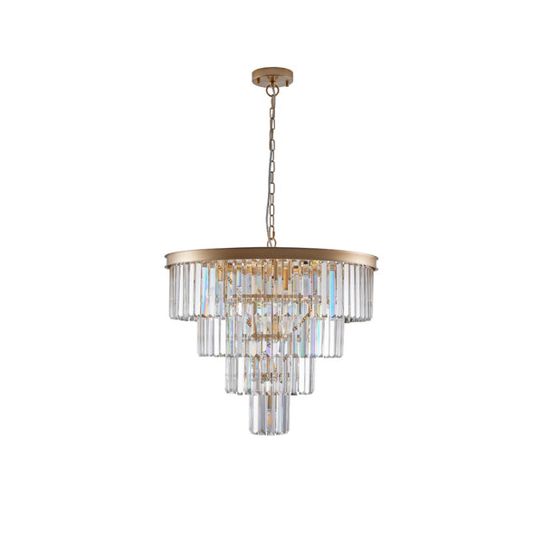 HomeRoots Gold Twelve-Light Metal Chandelier - Elegant Three-Tier Design with Luxurious Gold Shades for Homes 568094
