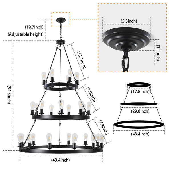 HomeRoots Black Metal Chandelier - Modern Three-Tier Ceiling Light for Elegant Spaces, Customizable Illumination 568096