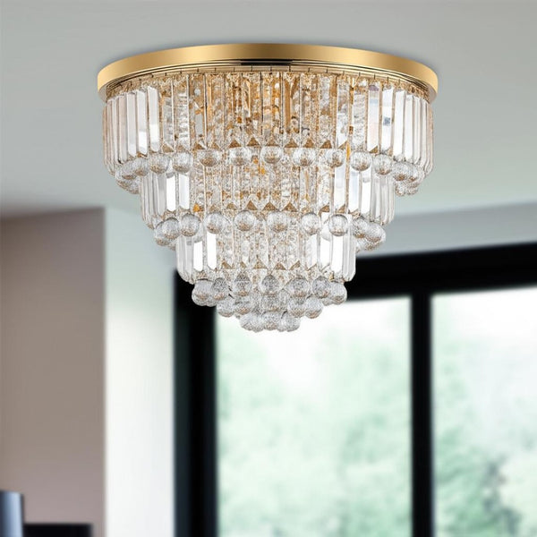 HomeRoots Gold Six Light Crystal Flush Chandelier – Elegant Gold Shades & Ambient Illumination for Any Room 568098