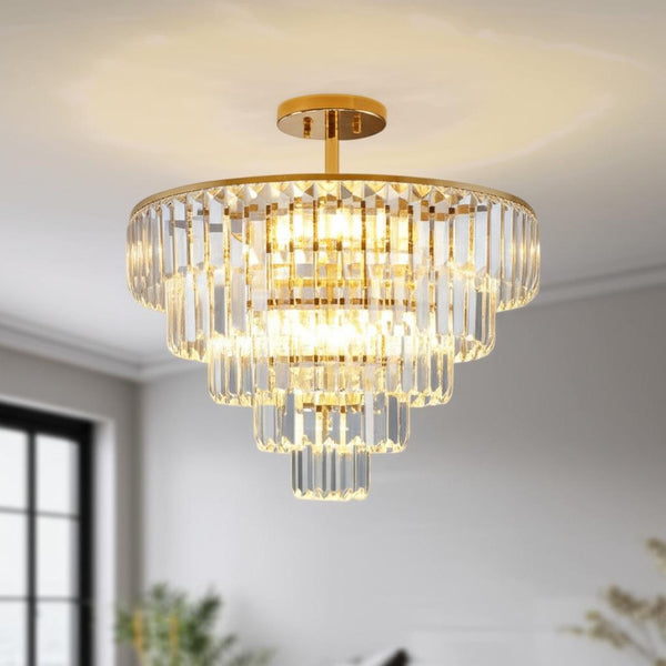 HomeRoots Gold Semi-Flush Chandelier - Luxurious 10-Light Metal Fixture with Warm Gold Shades for Any Room 568099