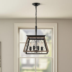 HomeRoots Black Four-Light Metal Chandelier with Adjustable Black Shades for Modern Dining and Living Spaces 568100