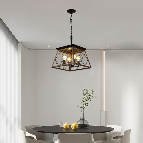 HomeRoots Black Four-Light Metal Chandelier with Adjustable Black Shades for Modern Dining and Living Spaces 568100