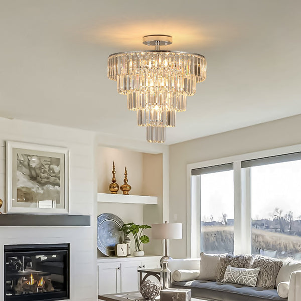 HomeRoots Amber Crystal Semi-Flush Chandelier Light – Elegant Tiered Design for Dining Rooms, Hallways & More 568105