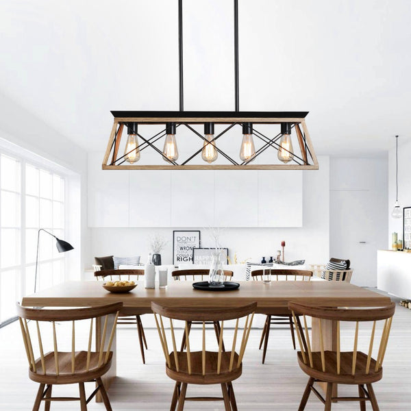 HomeRoots Oak Five-Light Metal Chandelier with Modern Oak Shades – Elegant Illumination for Any Space 568113