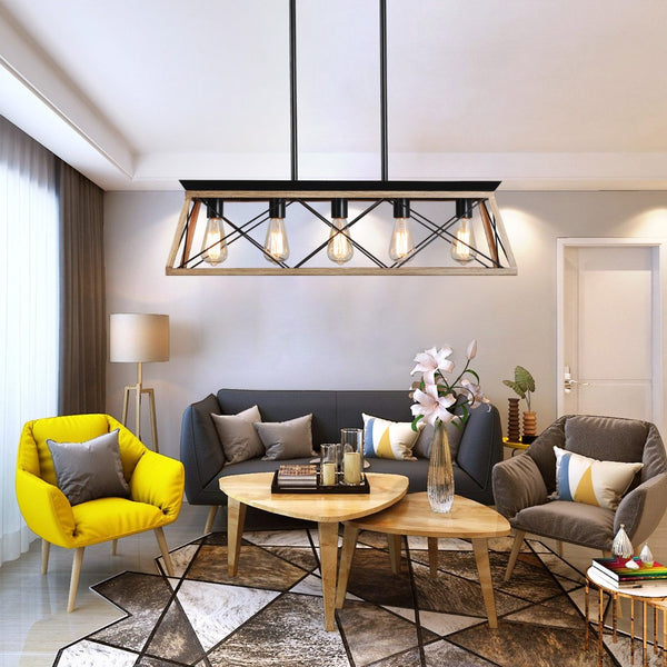 HomeRoots Oak Five-Light Metal Chandelier with Modern Oak Shades – Elegant Illumination for Any Space 568113