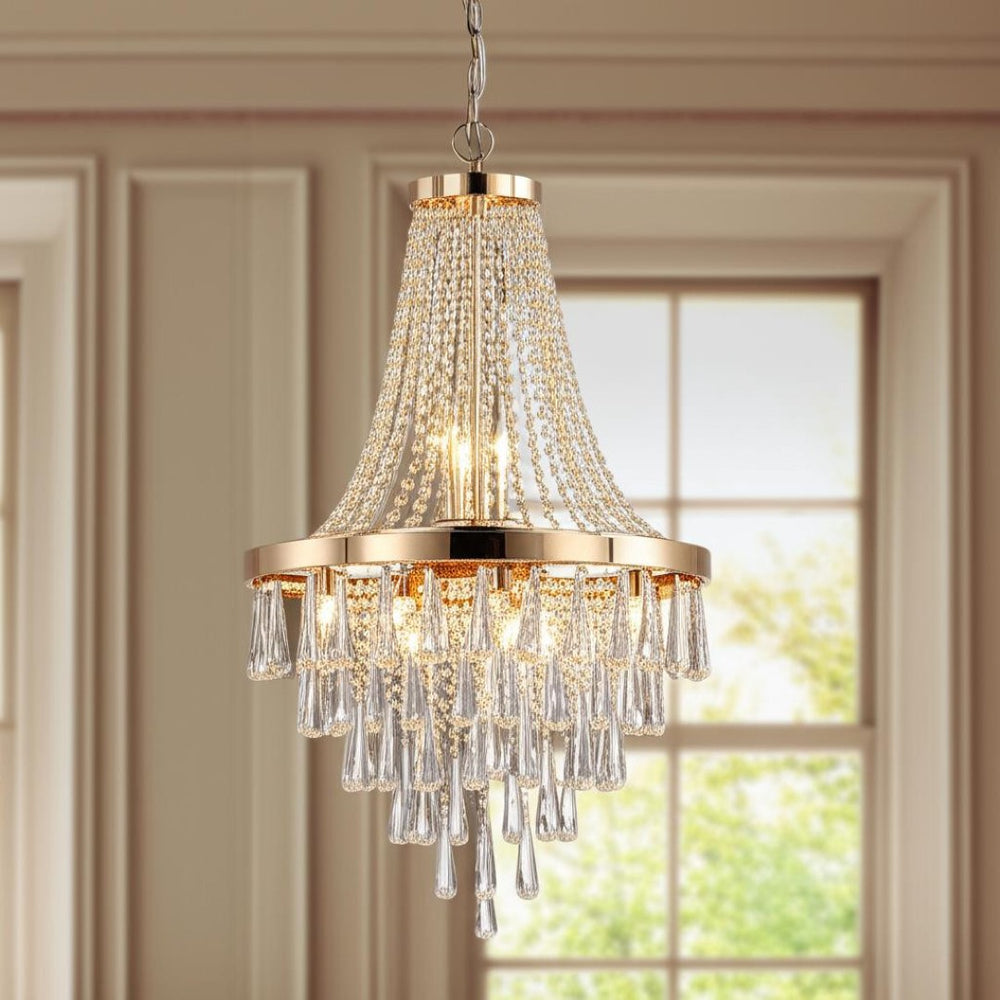 HomeRoots Gold Eleven-Light Metal Chandelier with Gold Shades - Elegant Three-Tier Design for Luxurious Spaces 568116