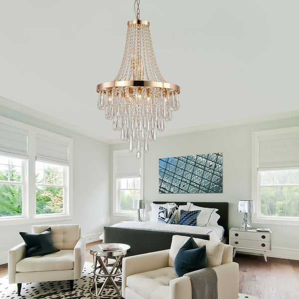HomeRoots Gold Eleven-Light Metal Chandelier with Gold Shades - Elegant Three-Tier Design for Luxurious Spaces 568116