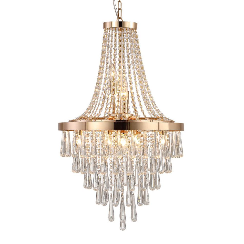 HomeRoots Gold Eleven-Light Metal Chandelier with Gold Shades - Elegant Three-Tier Design for Luxurious Spaces 568116