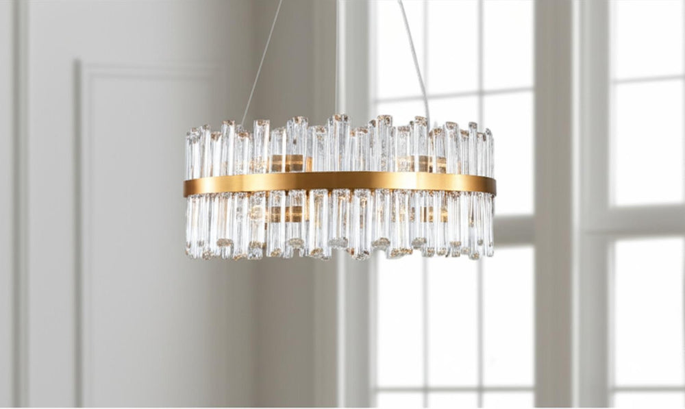 HomeRoots Gold Twelve-Light Chandelier: Elegant Three-Tier Design with Gold Shades for Luxurious Ambiance 568117