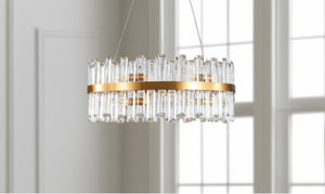HomeRoots Gold Twelve-Light Chandelier: Elegant Three-Tier Design with Gold Shades for Luxurious Ambiance 568117