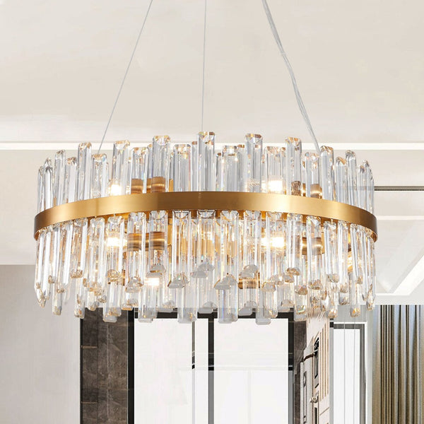 HomeRoots Gold Twelve-Light Chandelier: Elegant Three-Tier Design with Gold Shades for Luxurious Ambiance 568117
