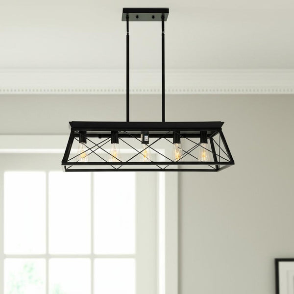 HomeRoots Black Five-Light Metal Chandelier with Modern Black Shades - Stylish Illumination for Any Room 568119