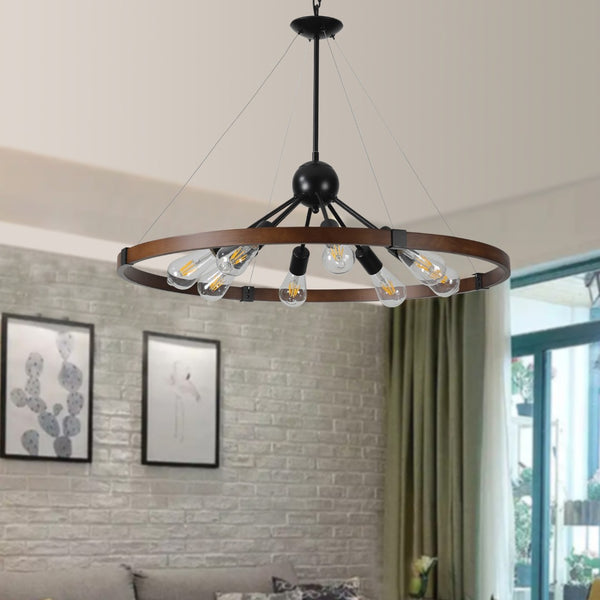 HomeRoots Brown Eight-Light Metal Chandelier - Elegant Three-Tiered Design with Warm Brown Shades for Any Room 568120