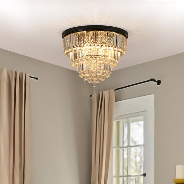 HomeRoots Black Six-Light Crystal Flush Chandelier - Modern Elegance with Adjustable Brightness and Style 568138