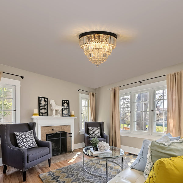 HomeRoots Black Six-Light Crystal Flush Chandelier - Modern Elegance with Adjustable Brightness and Style 568138