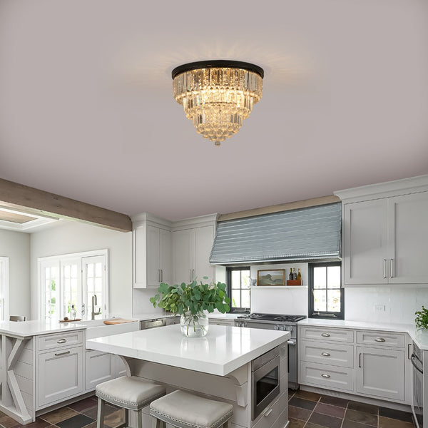 HomeRoots Black Six-Light Crystal Flush Chandelier - Modern Elegance with Adjustable Brightness and Style 568138