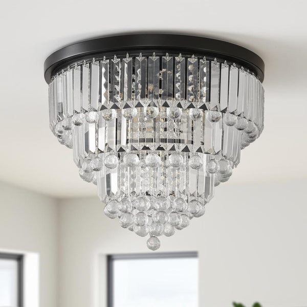 HomeRoots Black Six-Light Crystal Flush Chandelier - Modern Elegance with Adjustable Brightness and Style 568138