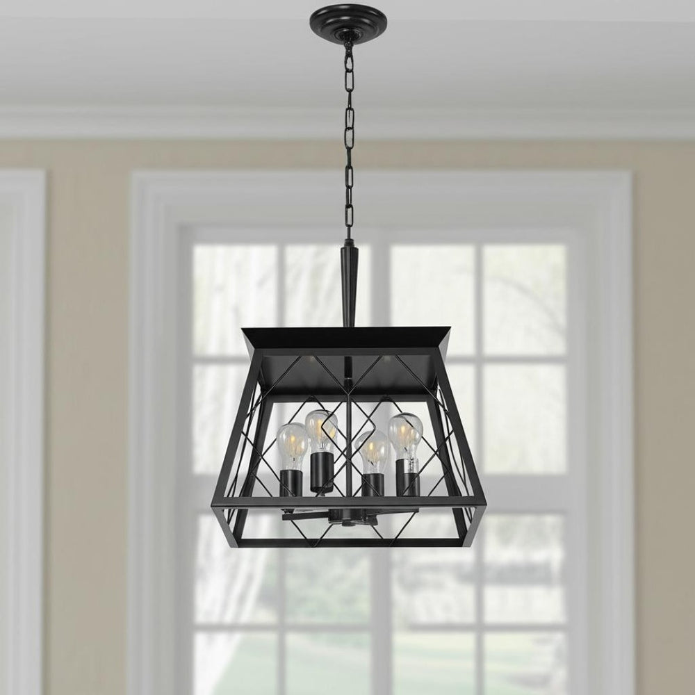HomeRoots Black Four-Light Metal Chandelier with Adjustable Height and Matte Black Shades for Elegant Illumination 568139