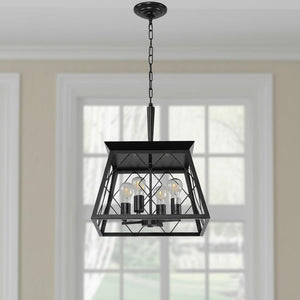 HomeRoots Black Four-Light Metal Chandelier with Adjustable Height and Matte Black Shades for Elegant Illumination 568139
