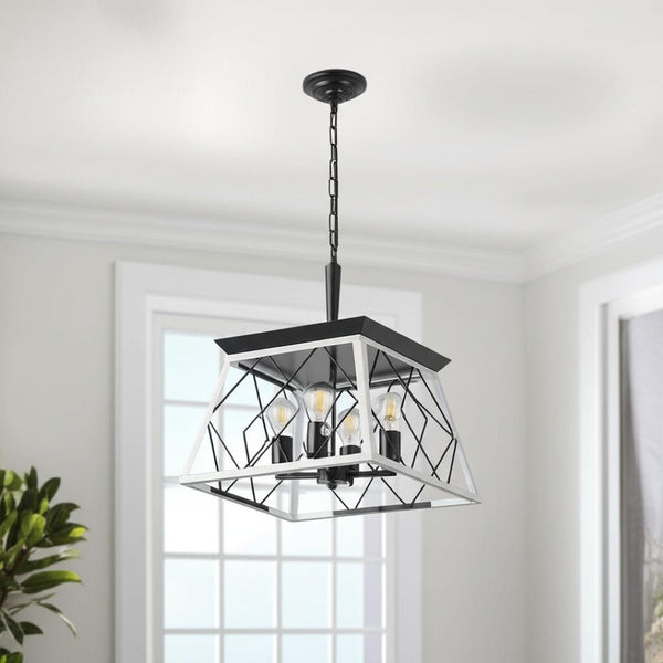 HomeRoots White Four-Light Metal Chandelier with Adjustable White Shades for Timeless Elegance & Warm Glow 568143