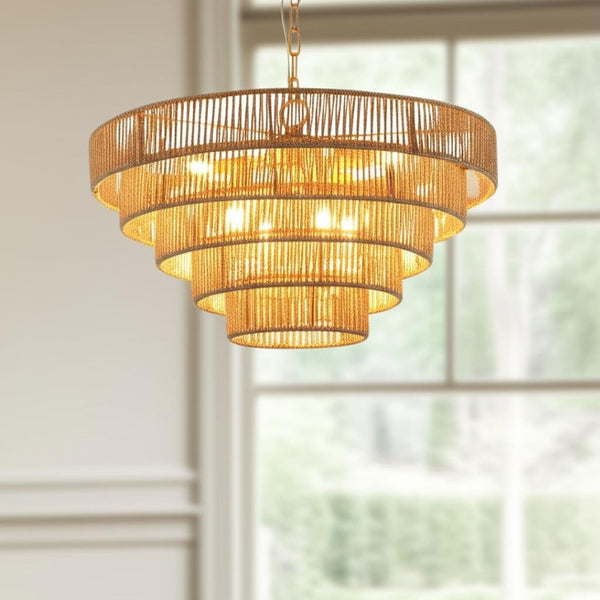 HomeRoots Brown Eight-Light Metal Chandelier with Adjustable Hanging Length for Modern & Classic Interiors 568149