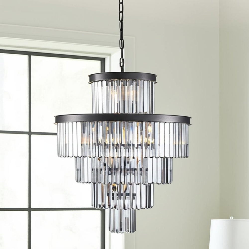 HomeRoots Black Multi-Tiered Metal Chandelier with Black Shades - Modern Adjustable Lighting for Any Space 568151