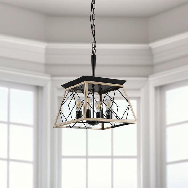 HomeRoots Oak Four-Light Metal Chandelier with Adjustable Oak Shades for Modern Ambient Lighting in Any Room 568155