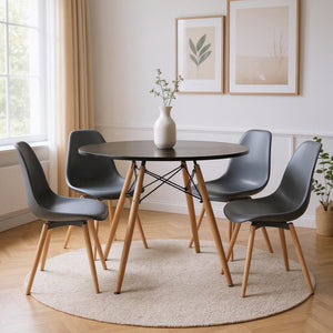 HomeRoots 32" Stylish Black and Natural Wood Round Dining Table - Compact, Versatile, Easy Assembly, Modern Design 568198