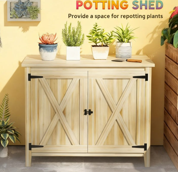 English Elm Wooden Fir Outdoor Storage Cabinet with Barn Doors Shelf and Raised Base for Patios T3971P422824